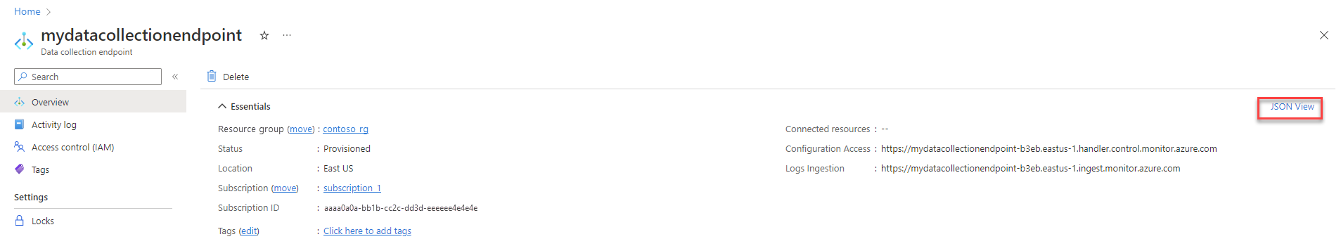 Captura de ecrã que mostra a ecrã de Visão Geral do endpoint de recolha de dados.