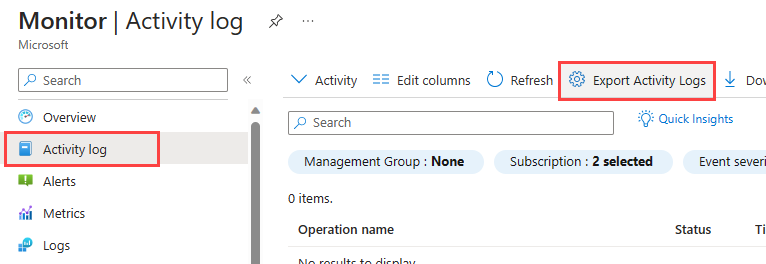Captura de ecrã que mostra o menu Azure Monitor com o registo de atividades selecionado e a opção Exportar registos de atividade realçada na barra de menu do Monitor de registo de atividades.