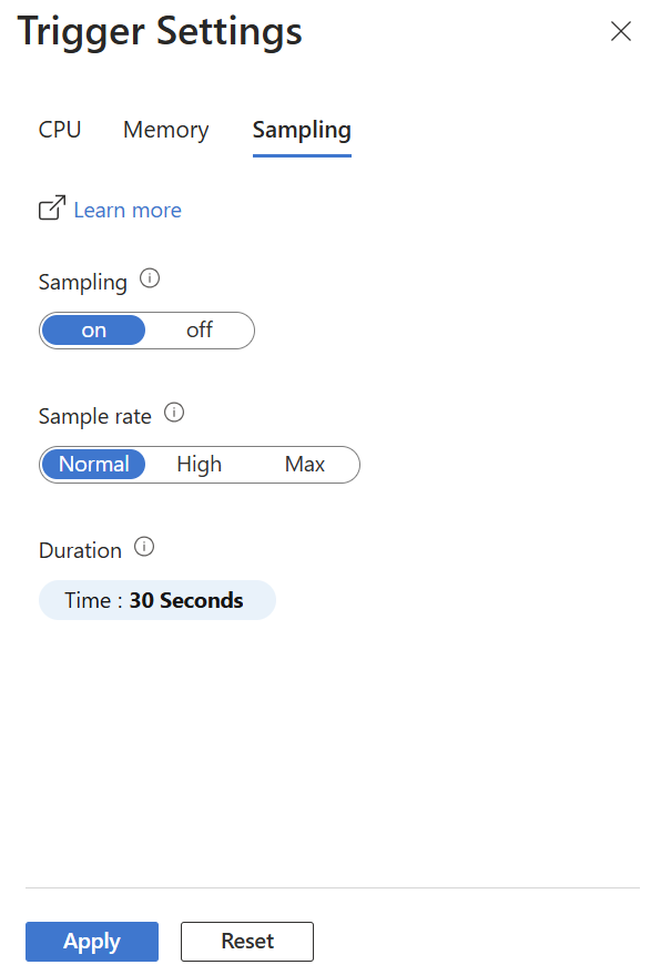 Captura de ecrã que mostra o painel de Configurações para o gatilho de Amostragem.