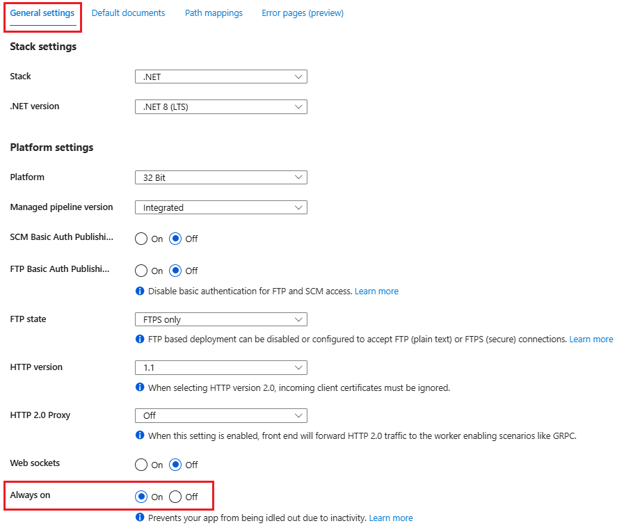 Captura de tela que mostra a guia Geral no painel Configuração mostrando que o Always On está habilitado.