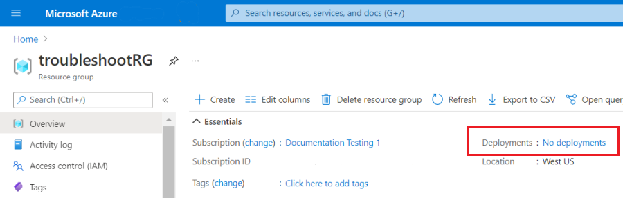 Captura de tela da seção de histórico de implantação do portal do Azure mostrando nenhuma implantação para um arquivo Bicep.