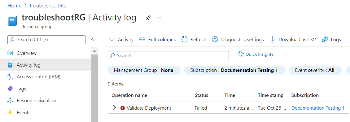 Captura de ecrã do registo de atividades do portal do Azure a apresentar um erro de validação de comprovação para uma implementação de ficheiro Bicep.
