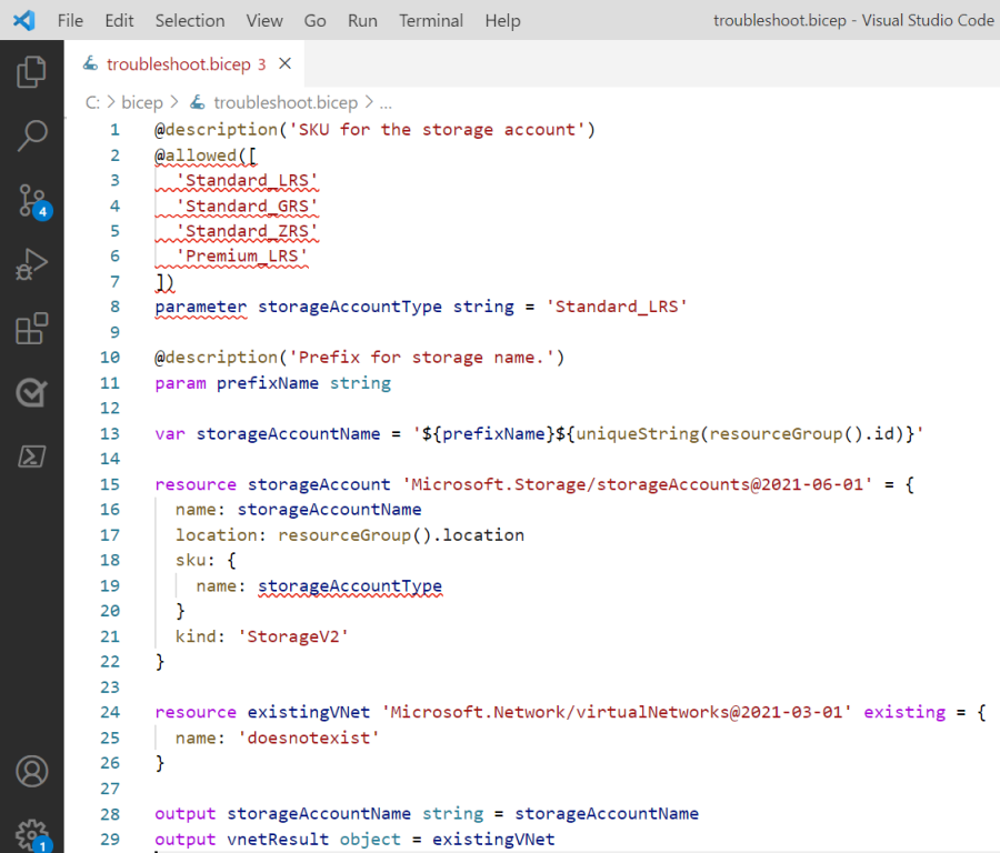Captura de tela do Visual Studio Code com rabiscos vermelhos realçando um erro de sintaxe em um arquivo Bicep.