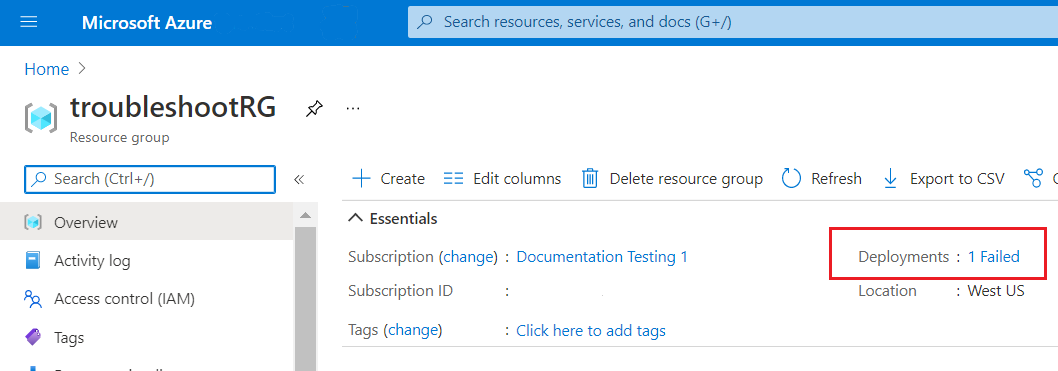Captura de ecrã da secção do histórico de implementação do portal do Azure a mostrar uma implementação com falha para um ficheiro Bicep.