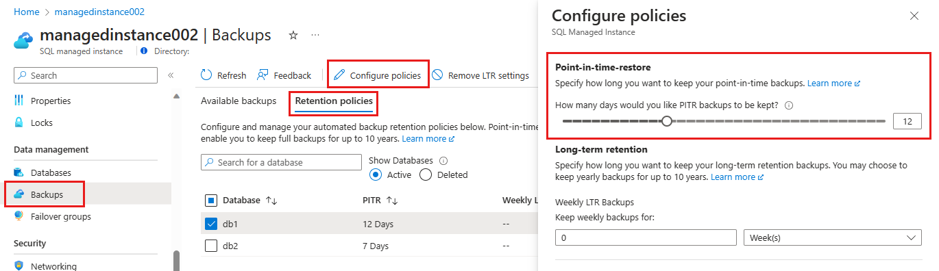 Captura de tela das configurações de backup do portal do Azure para alterar a retenção PITR para a instância gerenciada.