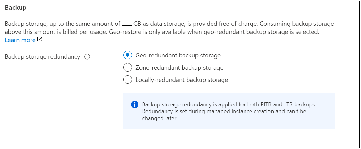 Captura de tela mostrando a seleção de redundância de armazenamento de backup no portal do Azure para uma instância gerenciada.