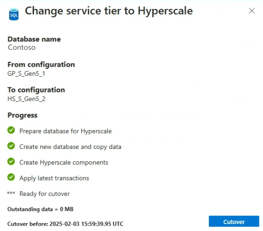 Captura de ecrã do portal do Azure mostrando o botão Transição em uma conversão de Hiperescala.