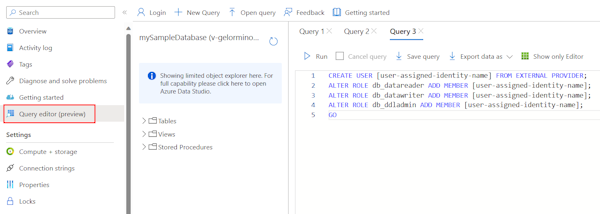 Uma captura de tela mostrando como usar o editor de Consultas do Azure para criar um usuário SQL para uma identidade gerenciada.