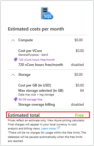 Captura de ecrã do cartão de resumo do Custo da Oferta Gratuita. Incluídos nos detalhes estão 'Primeiros 64 GB de armazenamento livre' e '720 horas vCore grátis'.
