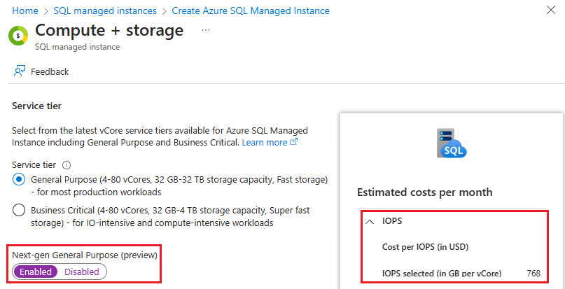 Captura de tela da página computação + armazenamento quando você configura seu novo SQL Gerenciado do Azure no portal do Azure.