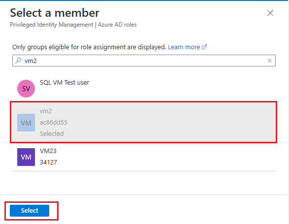 Captura de ecrã de procura de membros para selecionar no portal do Azure.