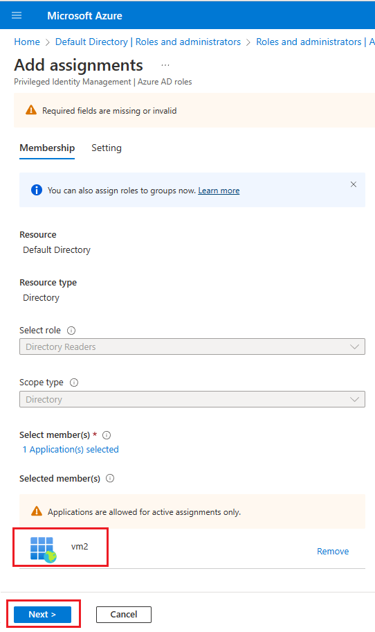 Captura de ecrã da página Adicionar atribuição no portal do Azure, com VM2 adicionado como uma atribuição.