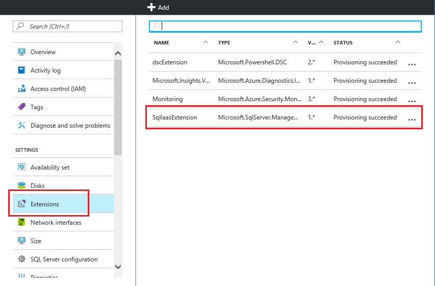 Captura de ecrã do portal do Azure do status da extensão do Agente IaaS do SQL Server.