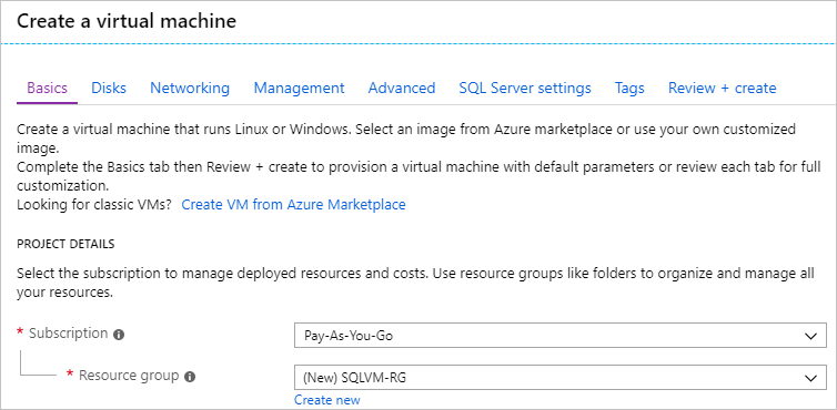 Captura de ecrã a mostrar a secção Subscrição ao criar a sua VM SQL no portal do Azure.