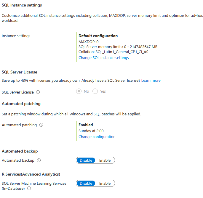 Captura de ecrã a mostrar a secção Revisão e Criação ao configurar a sua SQL VM no portal do Azure.