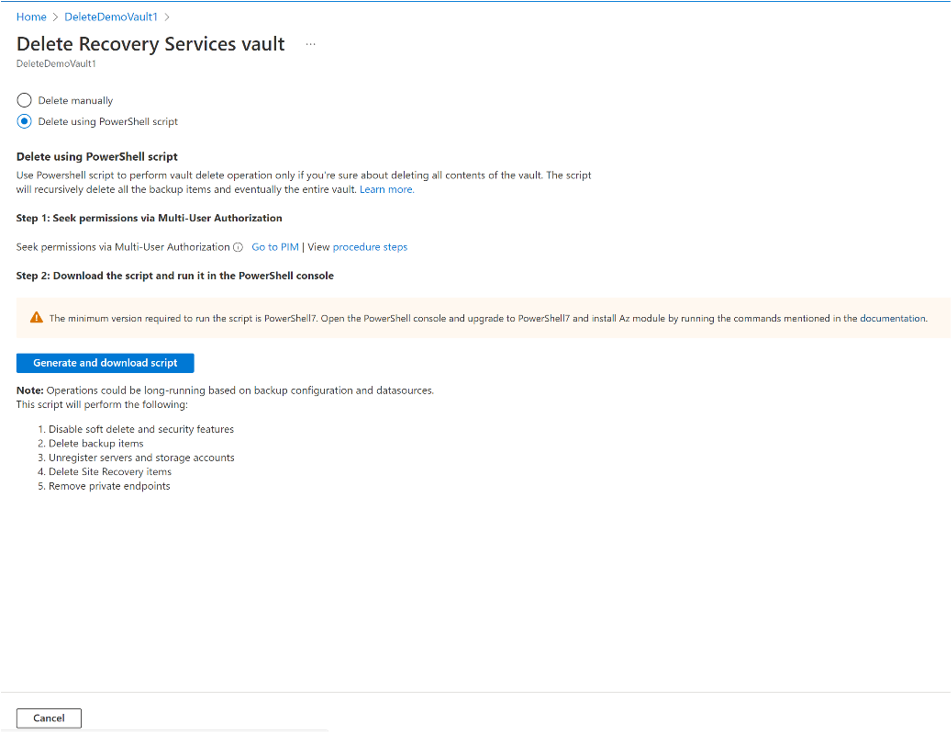 Captura de tela mostrando o processo para gerar o script do PowerShell do cofre de eliminação.