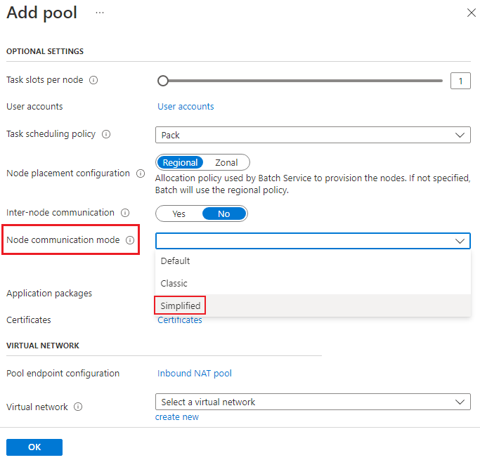 Captura de tela que mostra a criação de um pool com o modo simplificado.