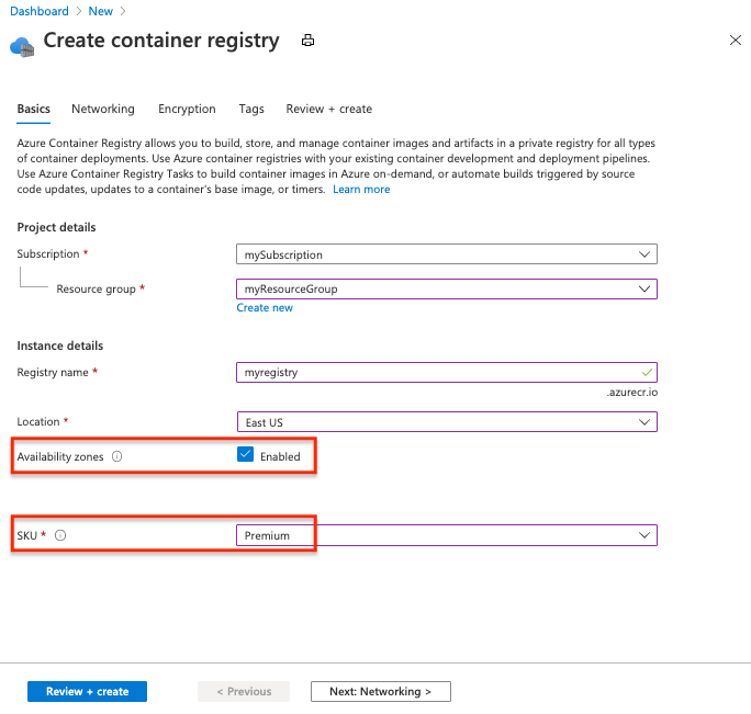 Habilite a redundância de zona no portal do Azure.