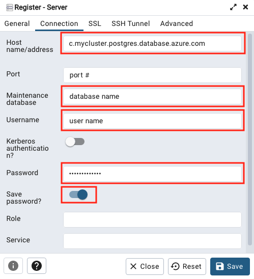 Captura de tela que mostra as configurações de conexão pgAdmin.