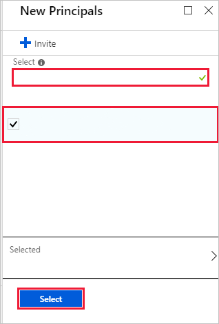 Captura de ecrã da página Novos Princípios do portal do Azure. Um nome principal e uma imagem são selecionados e realçados. O botão Selecionar também está realçado.
