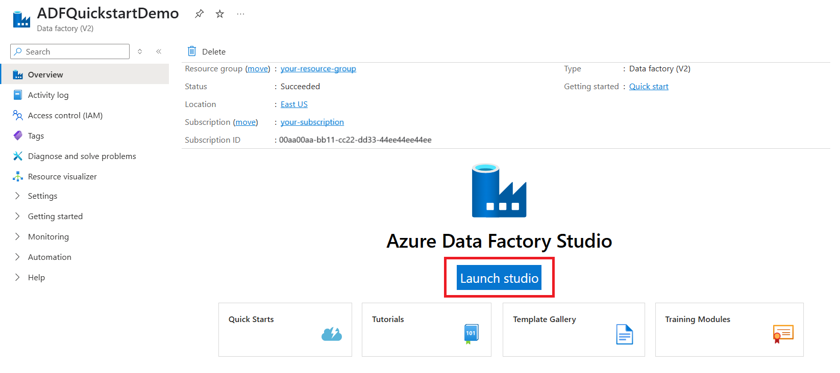 Captura de ecrã da home page de uma fábrica de dados no portal do Azure, com o botão para abrir o Azure Data Factory Studio realçado.