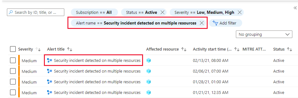 Lista de incidentes na página de alertas de segurança no Microsoft Defender for Cloud.
