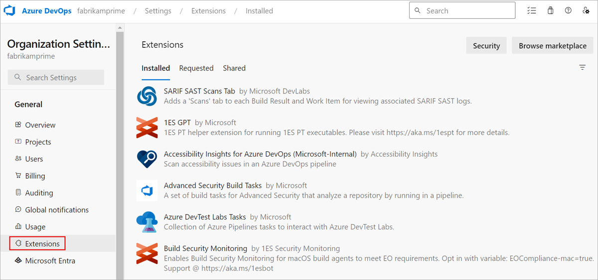 Captura de tela mostrando o hub de configurações de extensão.