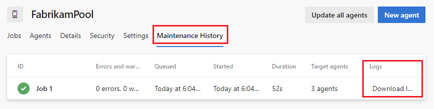 Captura de tela que mostra o histórico do trabalho de manutenção.