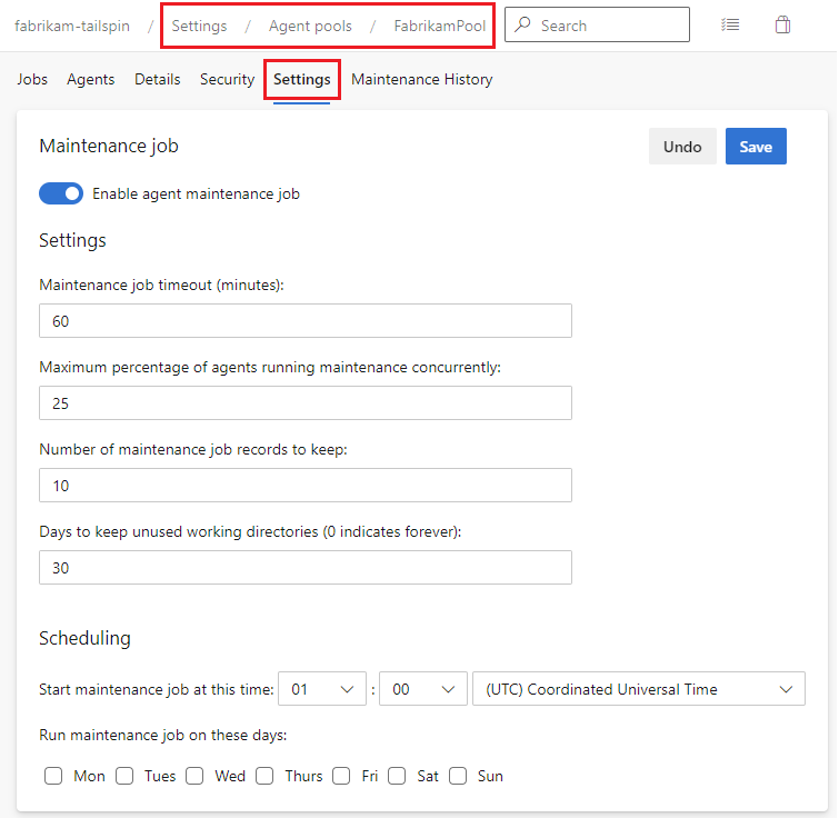 Captura de tela que mostra as configurações do trabalho de manutenção.