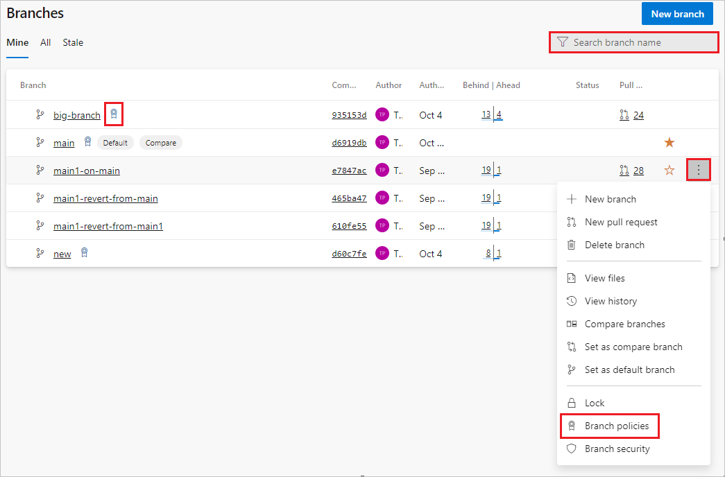 Captura de ecrã que mostra como abrir as políticas de ramificação a partir do menu de contexto.