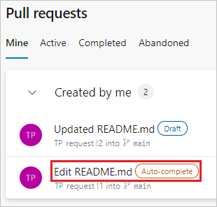 Captura de ecrã a mostrar um PR de preenchimento automático na lista de PRs.