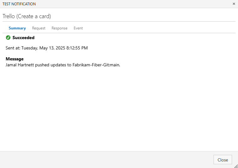 Captura de tela da janela Notificação de teste. Na guia Resumo, uma mensagem sobre um envio por push mostra um status de Bem-sucedido.