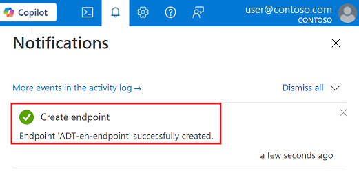Captura de ecrã da notificação para verificar a criação de um ponto de extremidade no portal do Azure.