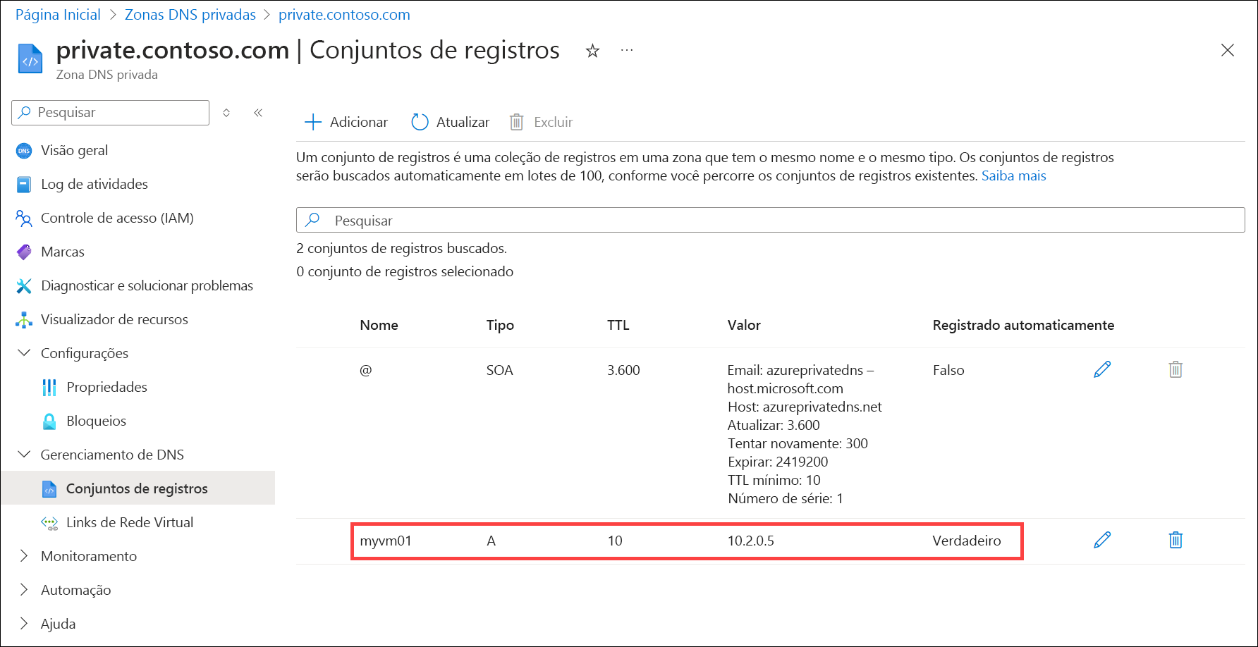 Captura de ecrã de um registo DNS registado automaticamente.