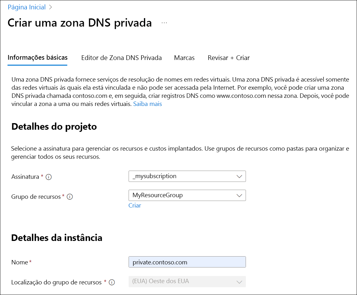 Captura de ecrã a mostrar a criação de uma zona DNS privada.