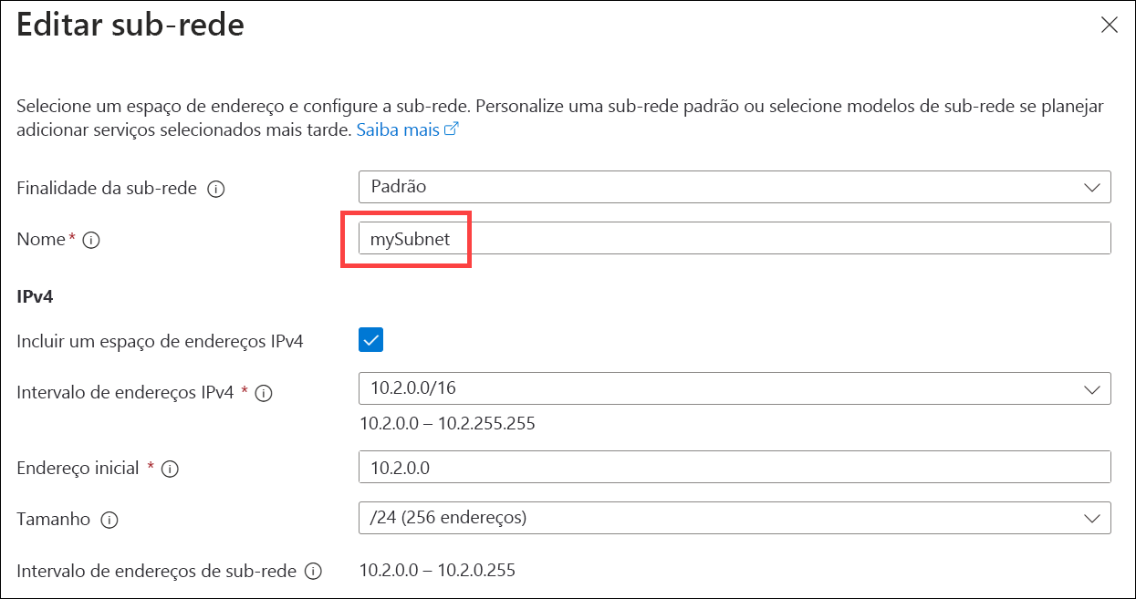 Captura de ecrã a mostrar a especificação do espaço de endereçamento IPv4 da sub-rede.