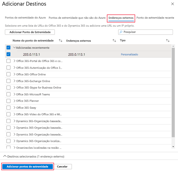 Screenshot of adding external destination endpoints.