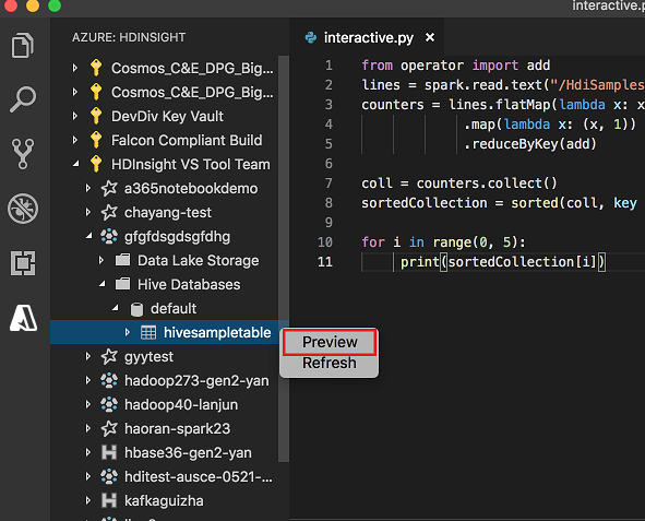 Pré-visualização da tabela Hive com Spark & Hive para o Visual Studio Code.