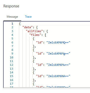 Captura de ecrã a mostrar a visualização da resposta à consulta de teste.