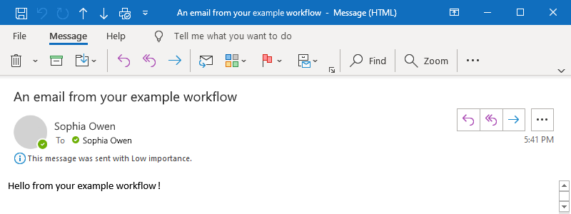 A captura de tela mostra o email do Outlook conforme descrito no exemplo.