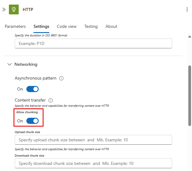 A captura de tela mostra as configurações de uma ação HTTP, com a opção Permitir fragmentação selecionada. Ative o chunking.