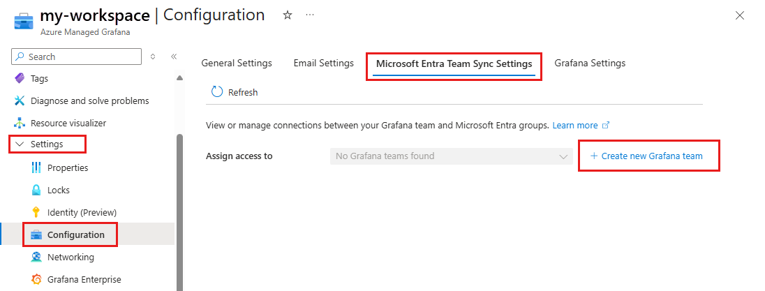 Captura de ecrã do portal do Azure. Configurando o Microsoft Entra Team Sync.
