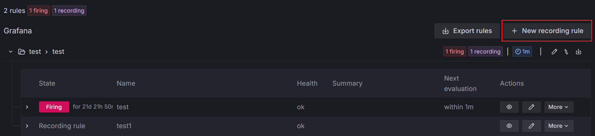 Captura de ecrã da página Regras de alerta no Grafana com o botão Nova regra de gravação realçado.