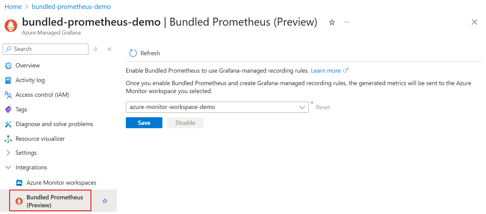 Captura de ecrã da plataforma Azure a mostrar o painel de integração Prometheus incluído no Azure Managed Grafana.