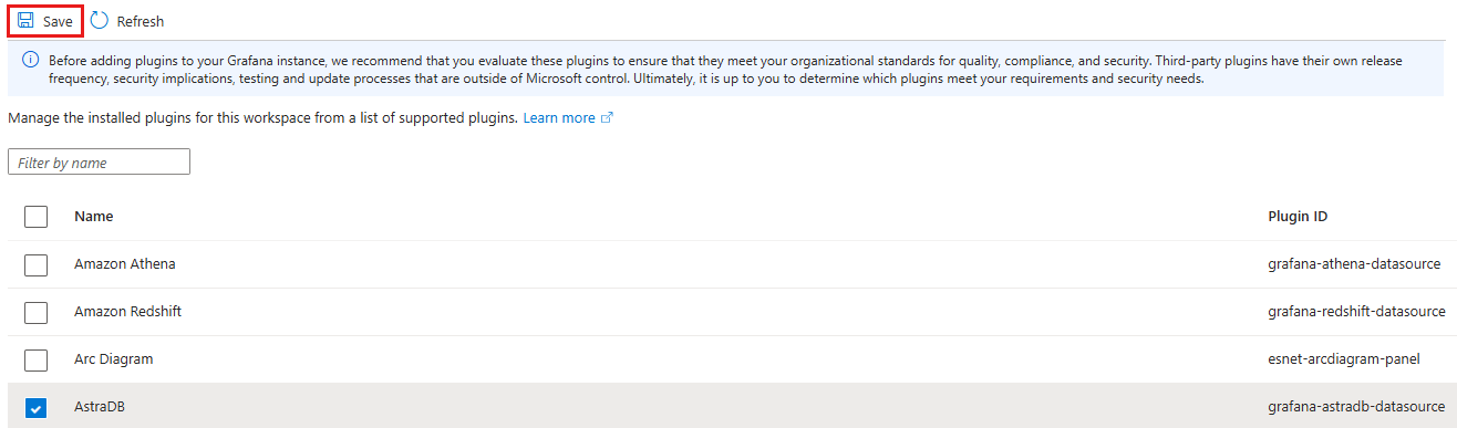 Captura de tela da página de fonte de dados do recurso de gerenciamento de plug-ins.