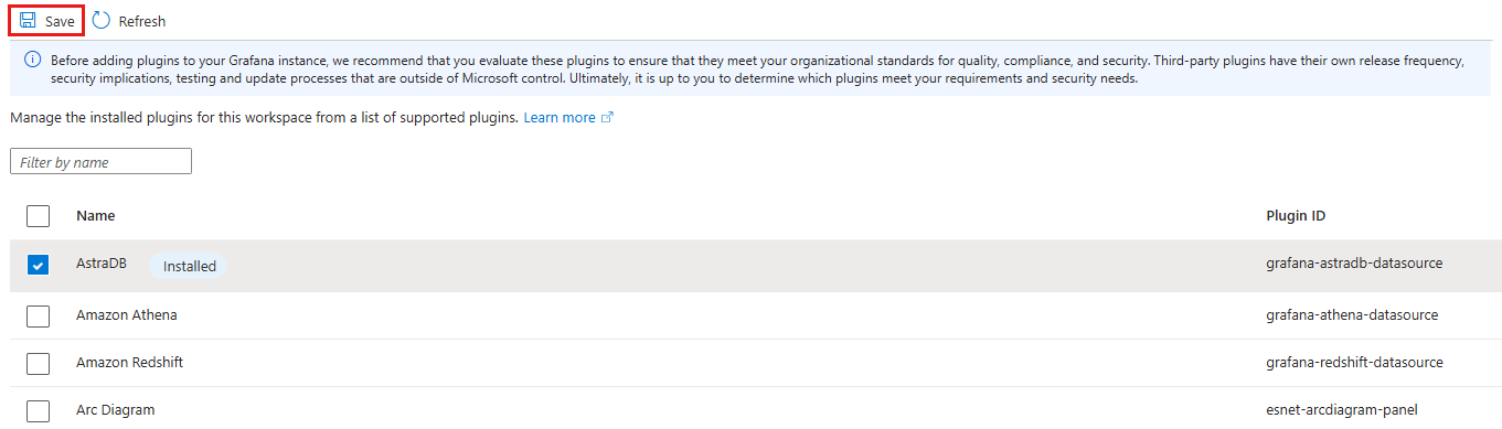 Captura de tela da página de fonte de dados do recurso de gerenciamento de plug-ins. Remover plugin.