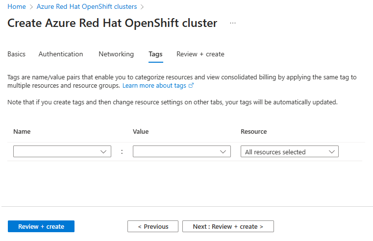 Captura de ecrã do separador Etiquetas no portal do Azure.