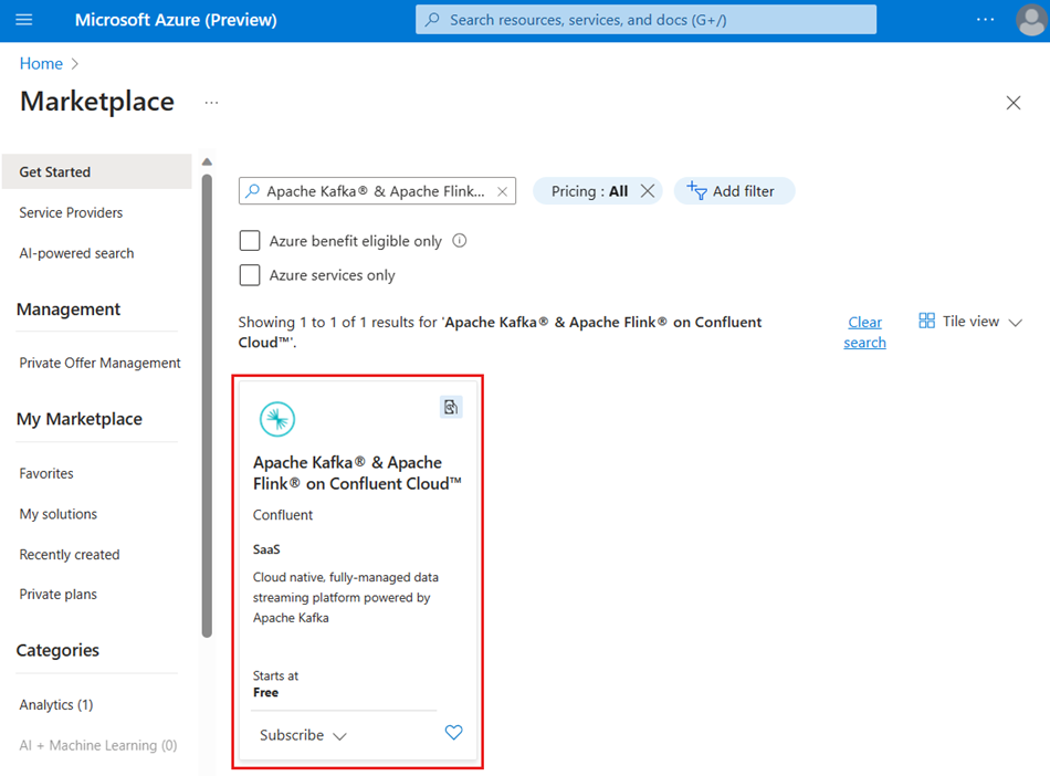 Captura de ecrã que mostra uma pesquisa para uma oferta do Azure Marketplace.