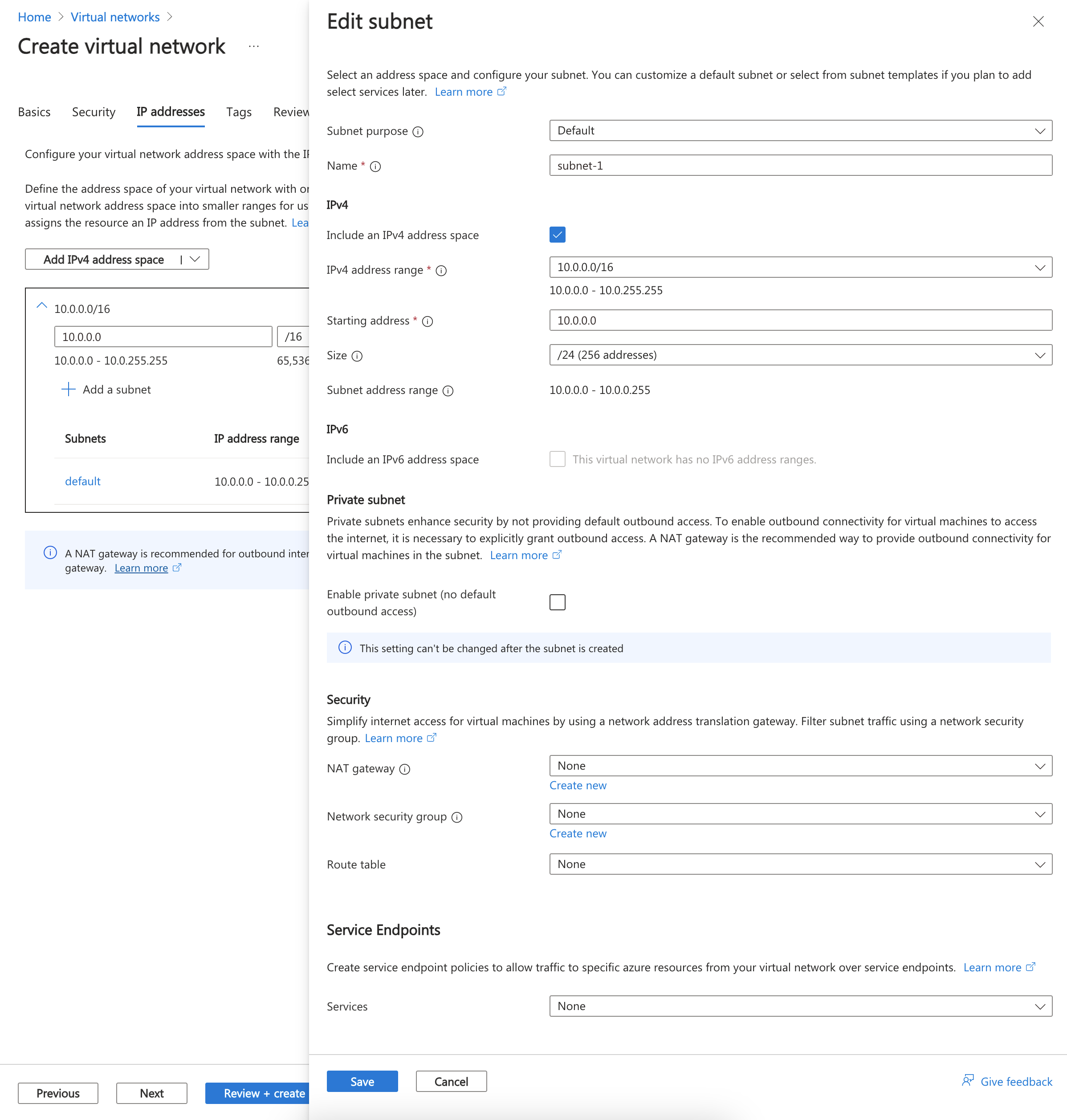 Captura de tela que mostra a renomeação e configuração padrão da sub-rede.
