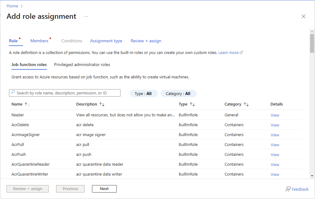 Adicionar página de atribuição de função no portal do Azure.